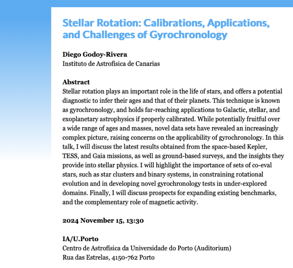 IA Seminar | Stellar Rotation: Calibrations, Applications, and Challenges of Gyrochronology | 15 de novembro às 13:30