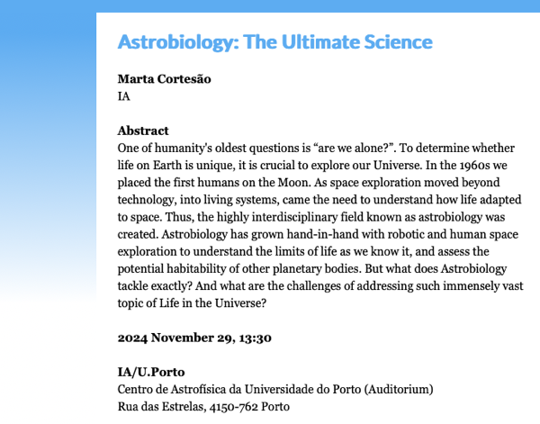 IA Seminar | Astrobiology: The Ultimate Science | 29 de novembro às 13:30