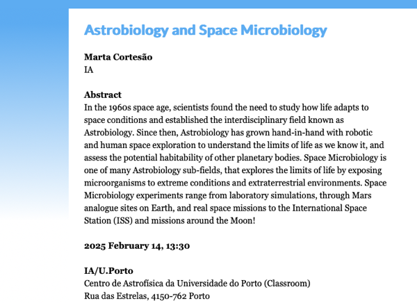 IA Seminar | Astrobiology and Space Microbiology | 14 de fevereiro 2025 às 13:30