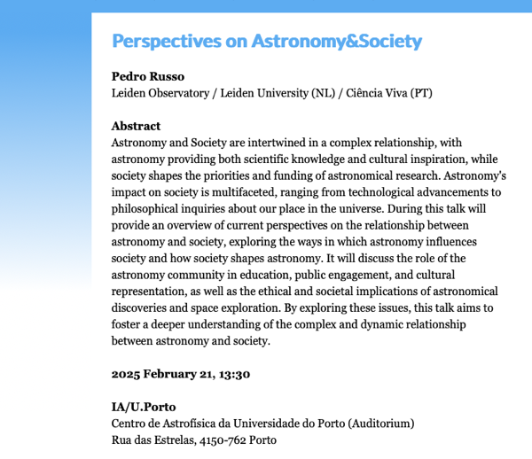 IA Seminar | Perspectives on Astronomy & Society | 21 de fevereiro às 13:30